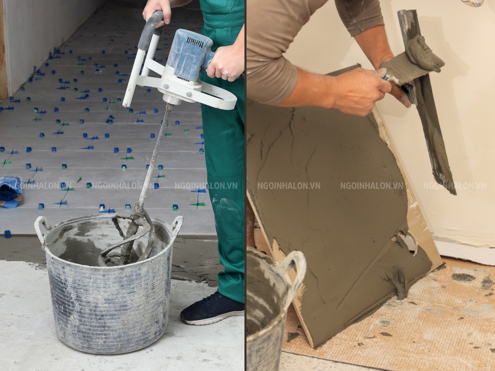 quy trình ốp gạch tường - Trộn và trét keo dán gạch