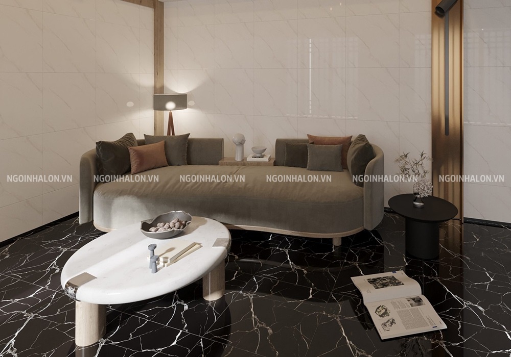 gạch ốp tường màu trắng phối màu tương phản