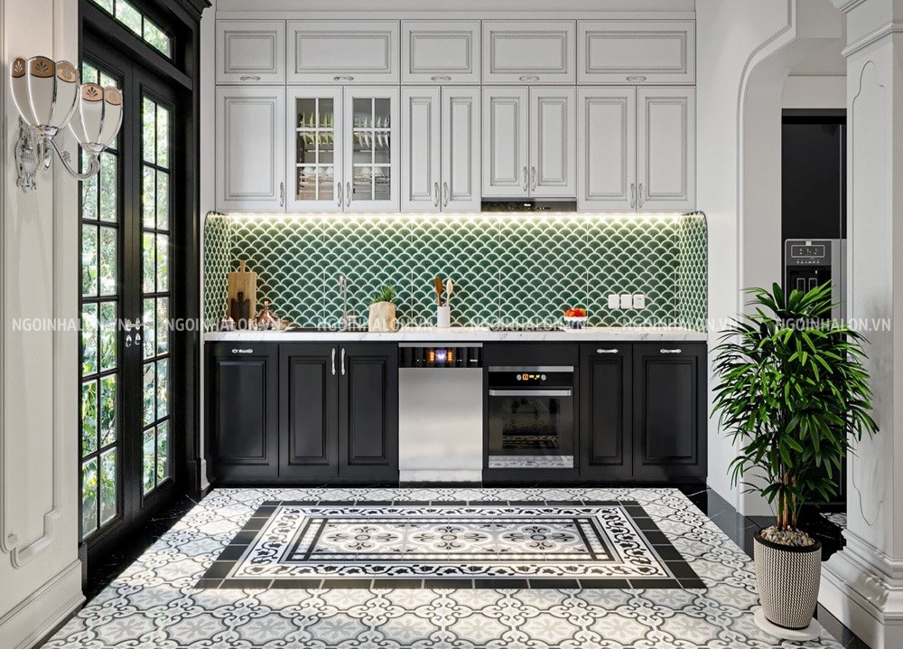 Mẫu gạch mosaic vảy cá ốp bếp màu xanh