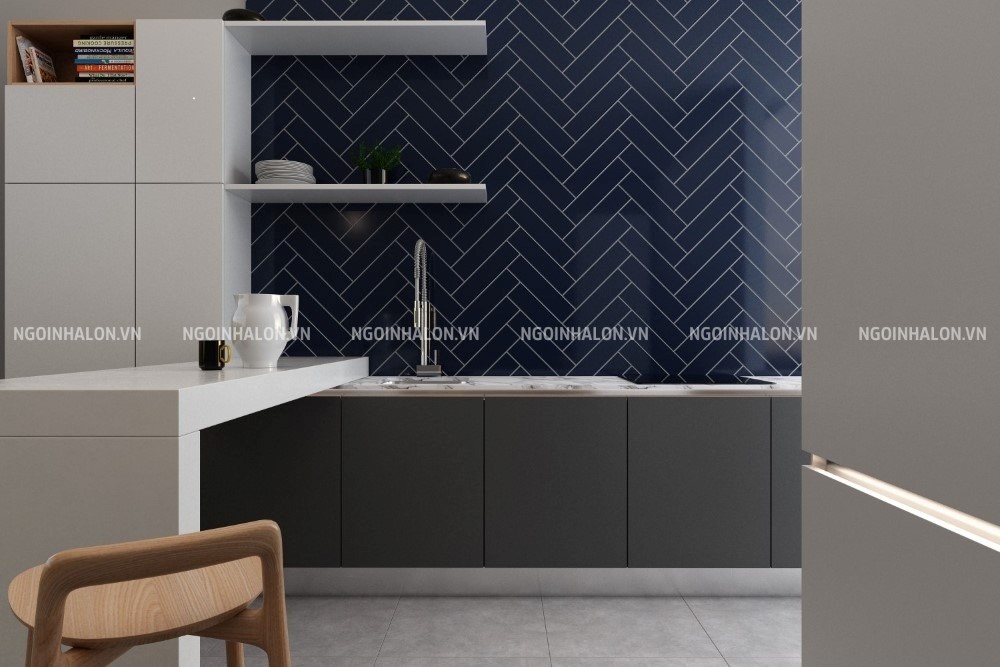Mẫu gạch thẻ ốp tường bếp màu xanh dương
