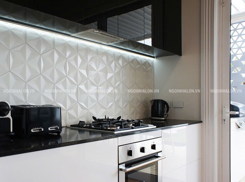 gạch ốp tường bếp màu trắng 3D lục giác