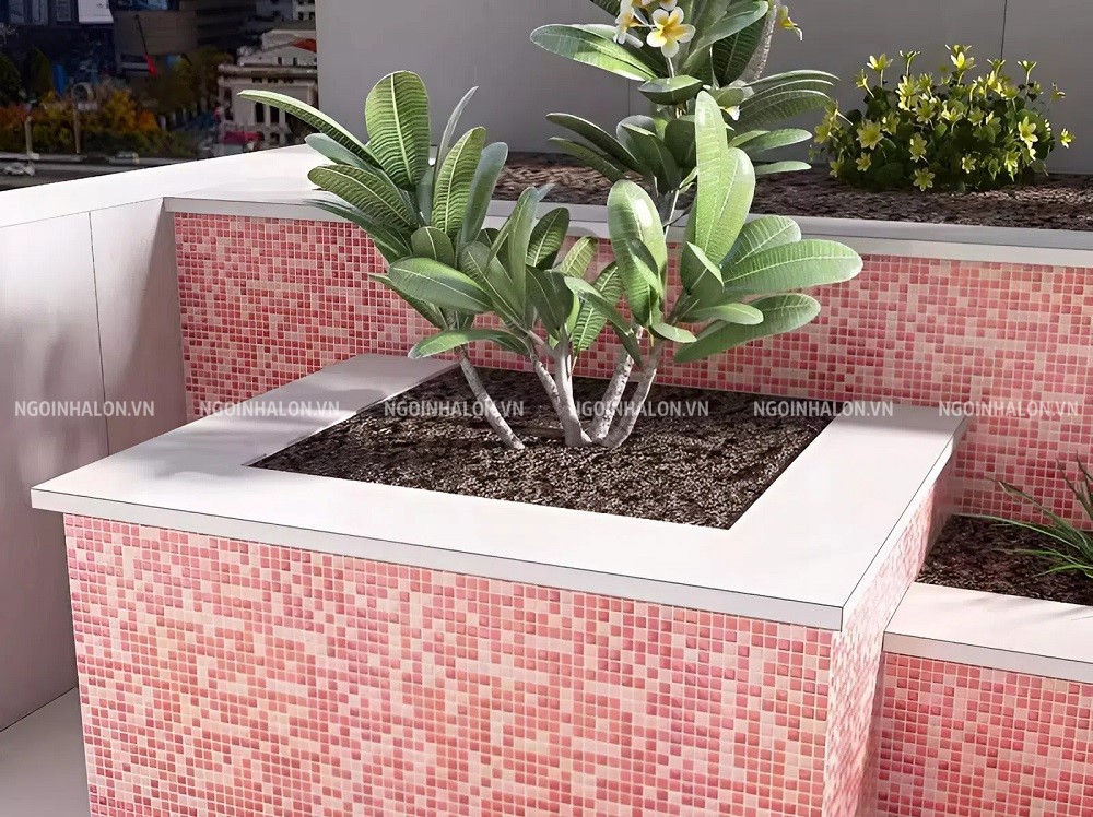 Gạch mosaic hồng ốp bồn hoa