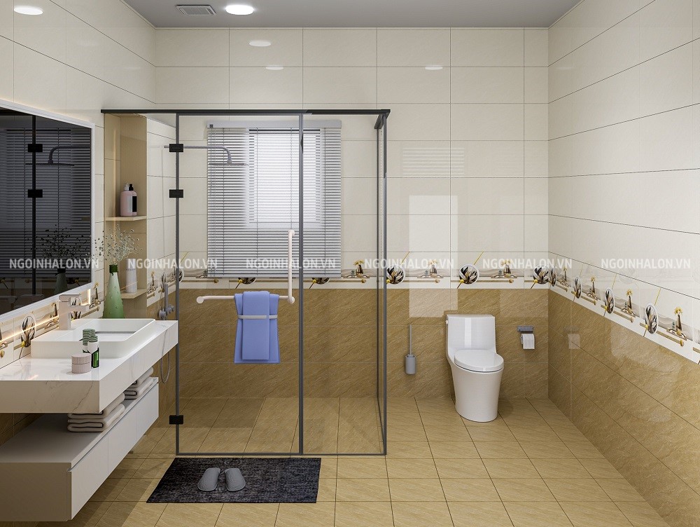 Không gian phòng tắm ấm áp khi sử dụng gạch ốp tường 20081 30x60 tone vàng.