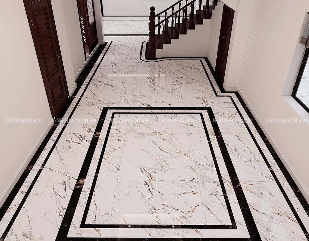 Sự kết hợp gạch vân đá marble trắng và viền đen 