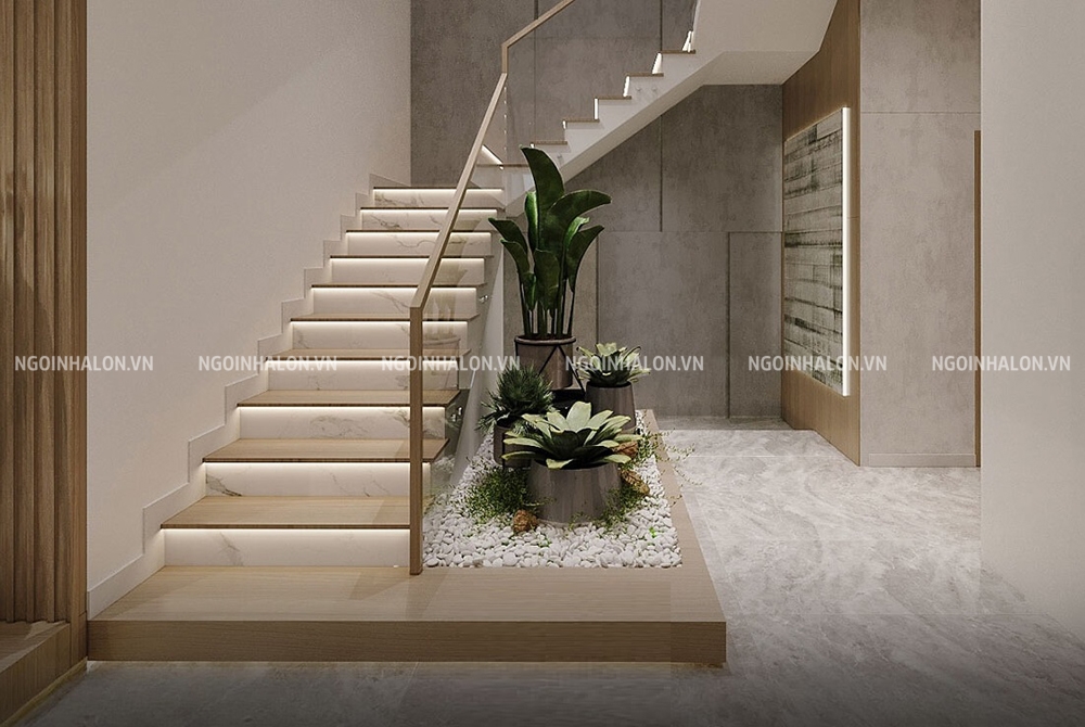 Tiểu cảnh cầu thang hiện đại với gạch giả đá slate