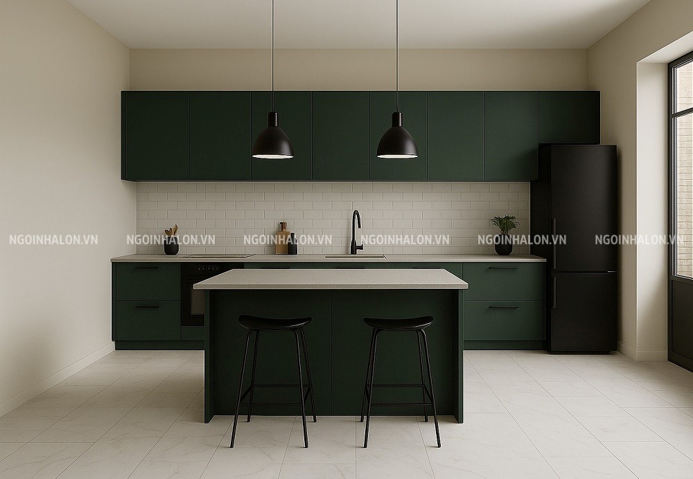 Phòng bếp lát gạch trắng cùng tường be và kệ tủ xanh lục tạo điểm nhấn.