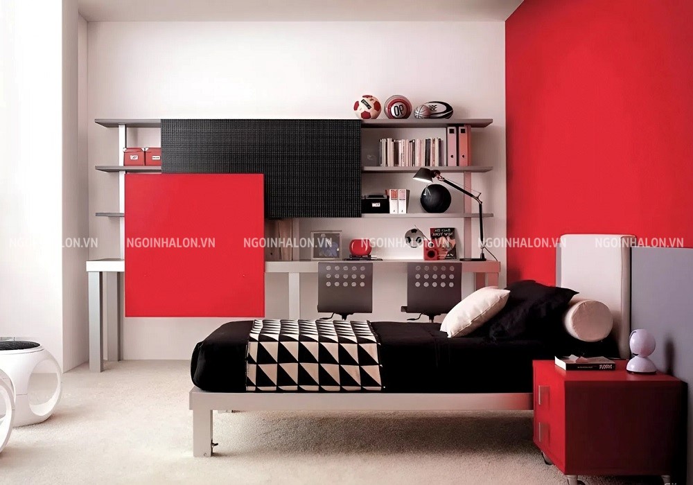 Với gia chủ mệnh Hỏa, điểm thêm bức tường đỏ rực rỡ và nổi bật là ý tưởng không tồi.