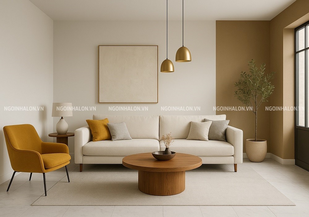 Gia chủ mệnh Kim nên chọn gạch lát phòng khách trắng kết hợp sơn tường và nội thất vàng nâu.