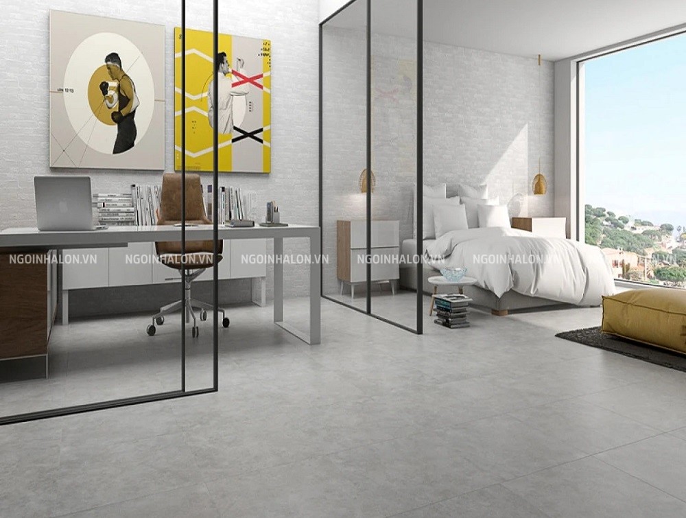 mẫu gạch Tây Ban Nha 90x90 màu ghi trung tính tạo cảm giác gọn gàng