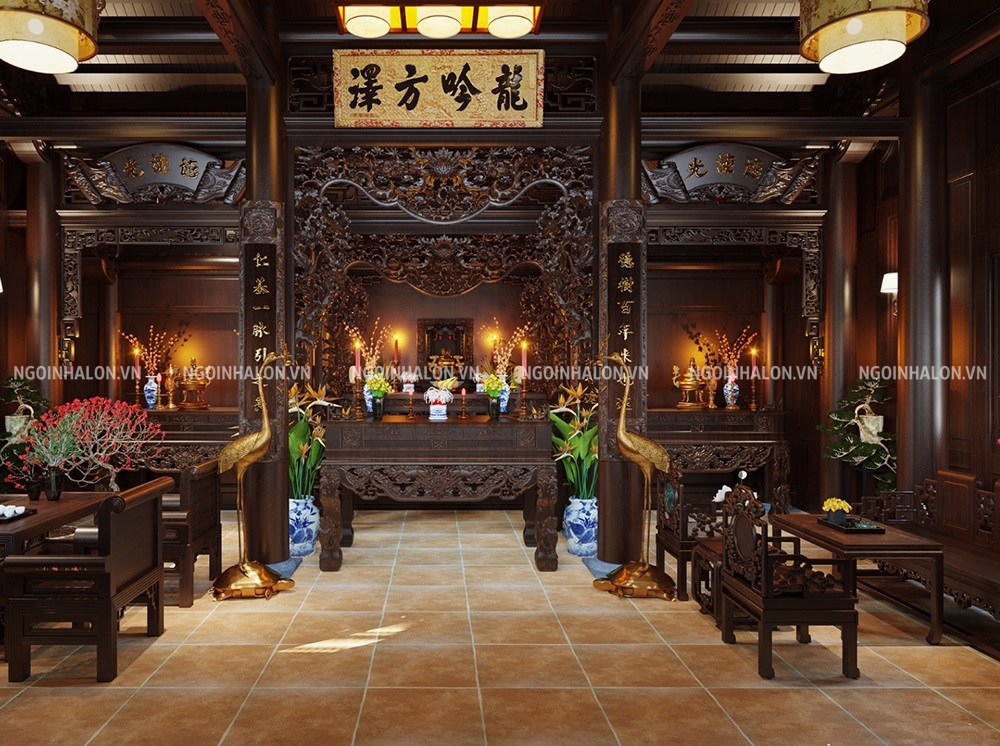 Mẫu gạch lát phòng thờ giả cổ màu đỏ nâu 