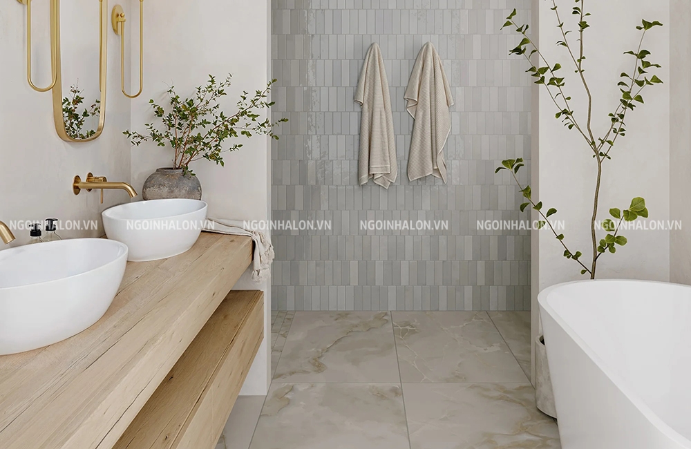 Phối gạch ốp nhà vệ sinh màu ghi và màu trắng