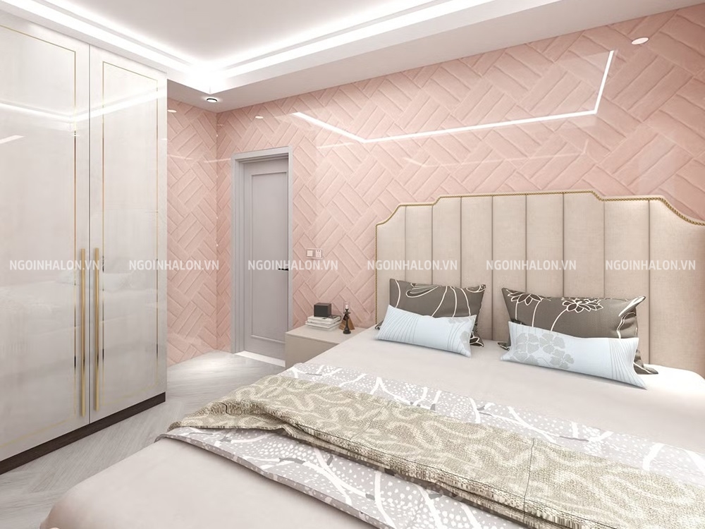 gạch thẻ ốp tường phòng ngủ màu hồng men bóng
