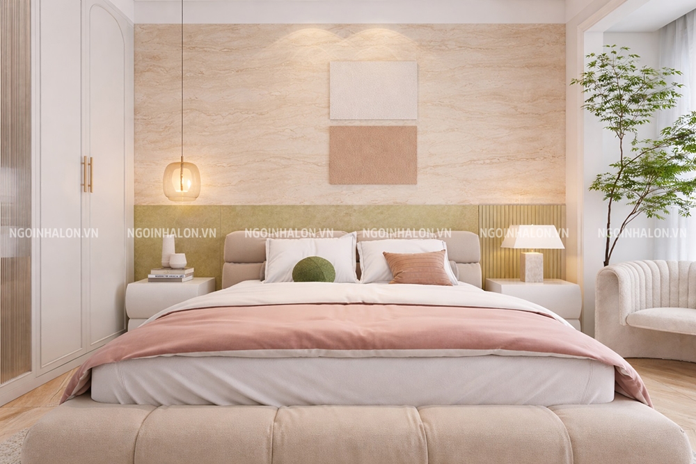 gạch ốp tường phòng ngủ màu hồng vân đá travertine