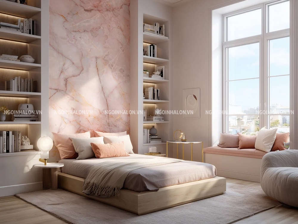 gạch ốp tường phòng ngủ màu hồng vân đá onyx