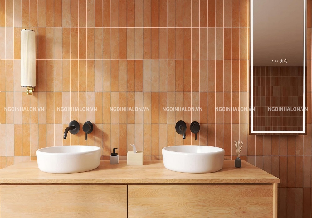 Gạch thẻ 7.5x30 cm ốp dọc tạo cảm giác trần nhà trông cao, thoáng hơn. Gạch thẻ 7.5x30 cm ốp dọc tạo cảm giác trần nhà trông cao, thoáng hơn.