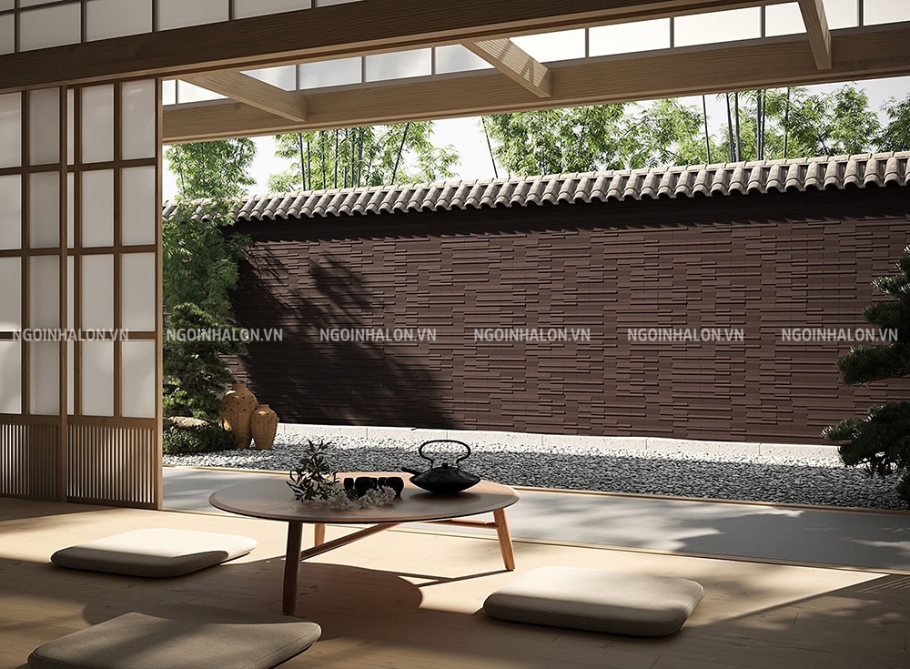 Gạch INAX màu nâu đậm ốp tường rào ngoài trời