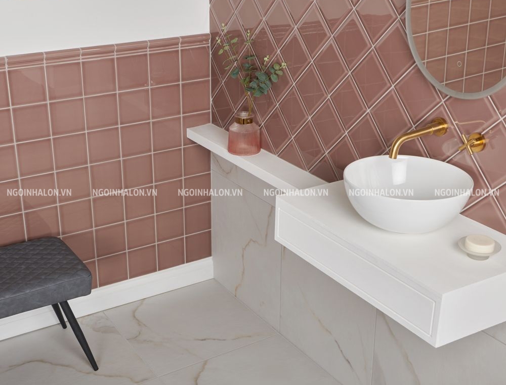 Mẫu gạch thẻ hồng đất đậm kết hợp gạch lát nền vân đá Mẫu gạch thẻ hồng đất đậm kết hợp gạch lát nền vân đá