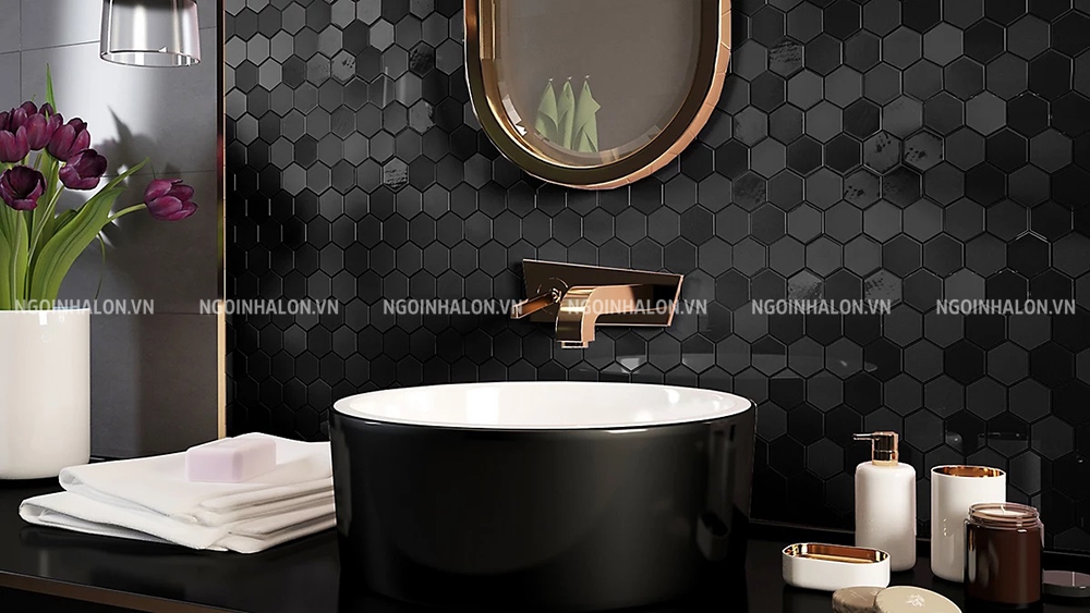 mẫu gạch mosaic lục giác màu đen tuyền đẹp mắt