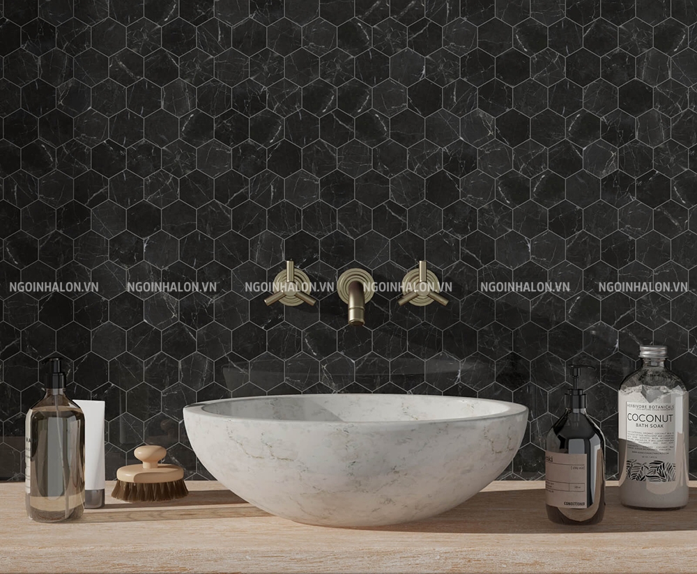 mẫu mosaic lục giác đen vân đá tự nhiên