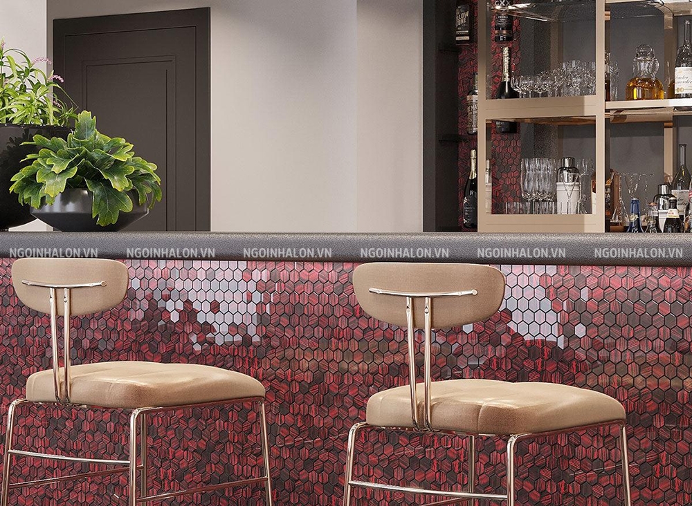 Gạch mosaic lục giác màu đỏ ốp quầy bar