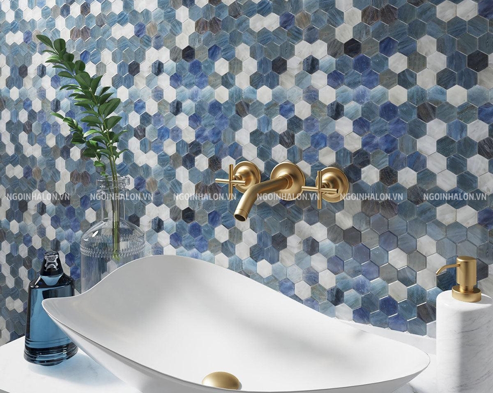 Gạch mosaic lục giác thủy tinh xanh