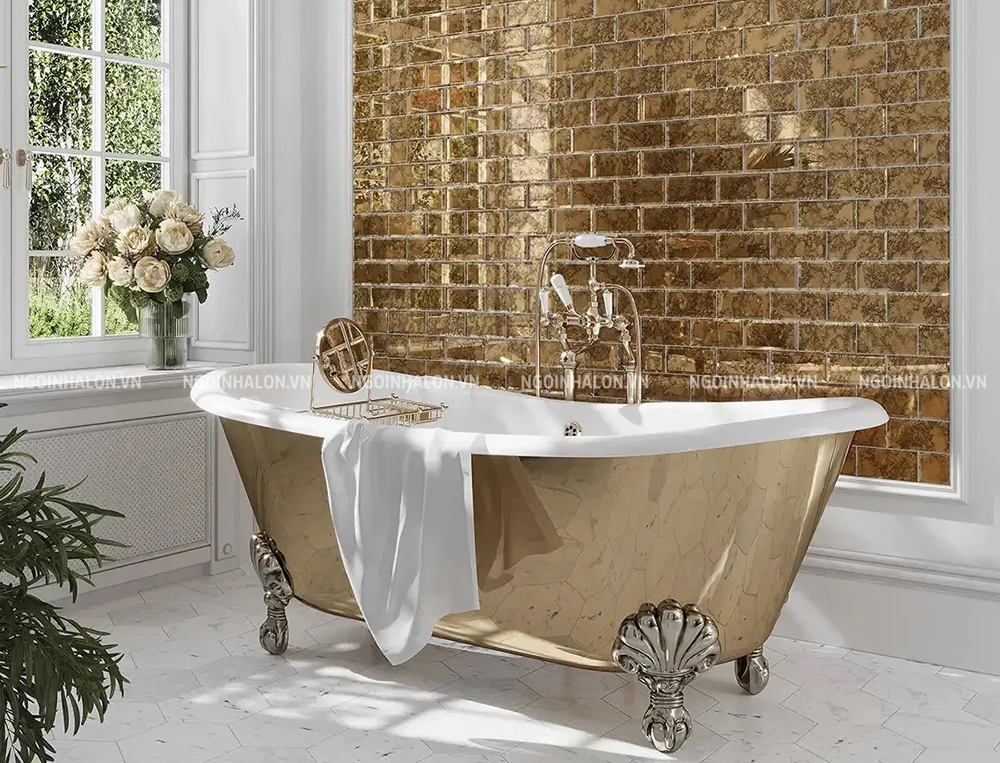 gạch kính mosaic vát cạnh lục giác vàng gold