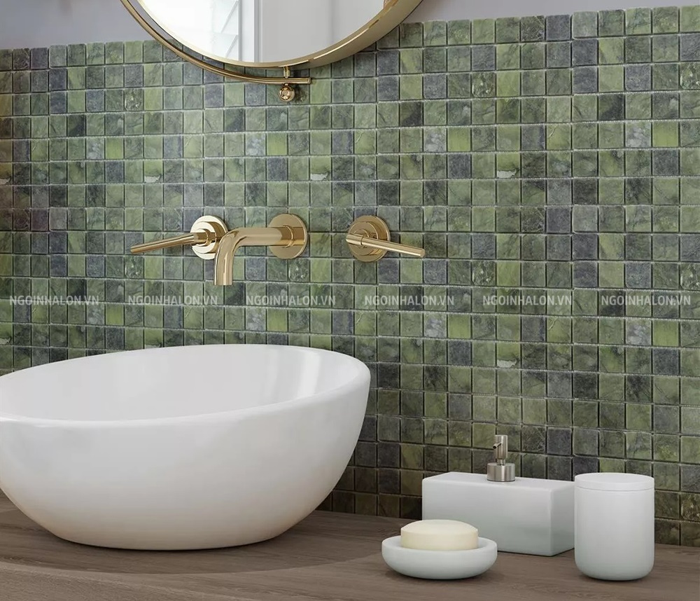Mẫu gạch mosaic xanh tạo ấn tượng nổi bật cho khu vực đặt chậu rửa mặt Mẫu gạch mosaic xanh tạo ấn tượng nổi bật cho khu vực đặt chậu rửa mặt