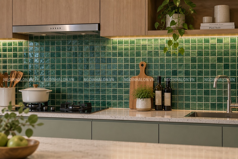 Gạch mosaic vuông men rạn màu xanh