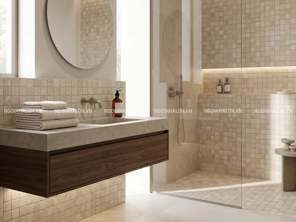 Dòng mosaic này được ứng dụng rất nhiều trong phòng tắm Dòng mosaic này được ứng dụng rất nhiều trong phòng tắm